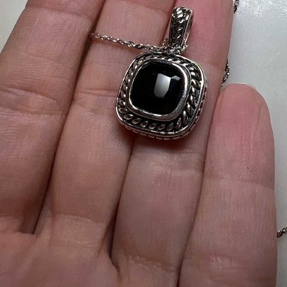 Sterling Silver Black Onyx-Like Square Pendant Necklace | 19” Chain | VNS STG - Picture 5 of 6